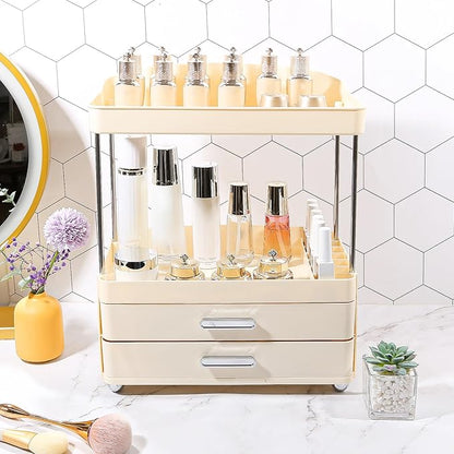 DASITON 4 Tiers Makeup Organizer, 2 Drawers Large Cosmetic Organizers for Vanity Bathroom Countertop, Bathroom Organizers and Storage for Skincare, Cosmetic, Perfume, Dresser Organizer (Cream+Cream)
