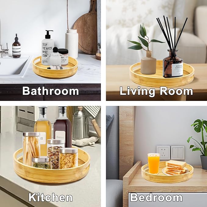 Wooden Lazy Susan Organizer for cabinet-12 Inch Bamboo Kitchen Turntable Organizer with Double Handles-Large Bamboo Lazy Susan for Table Top, Countertop, Cabinet, Pantry, Dining Table