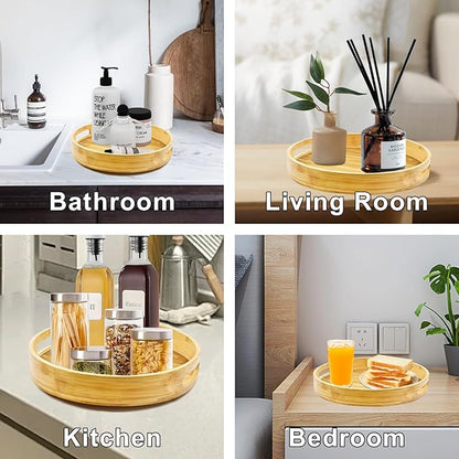 Wooden Lazy Susan Organizer for cabinet-12 Inch Bamboo Kitchen Turntable Organizer with Double Handles-Large Bamboo Lazy Susan for Table Top, Countertop, Cabinet, Pantry, Dining Table