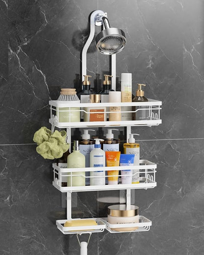 OMAIRA Shower Caddy Hanging with Soap Scrub Holder, Stainless Steel Adjustable No Drilling Non-Slip Large Capacity Sturdy Over Shower Head Shower Organizer Inside Shelves Bathroom Storage Rack, White