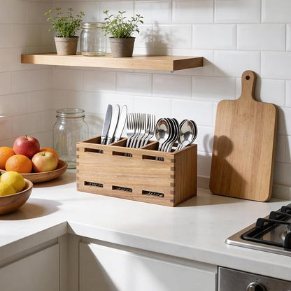 Farmhouse Wooden Silverware Utensil Caddy Cutlery Holder Small Acacia Wood Utensil Holders Organizer for Kitchen Count Party Fork Spoon Storage Organizer Table Silverware Holder Flatware Caddy Basket