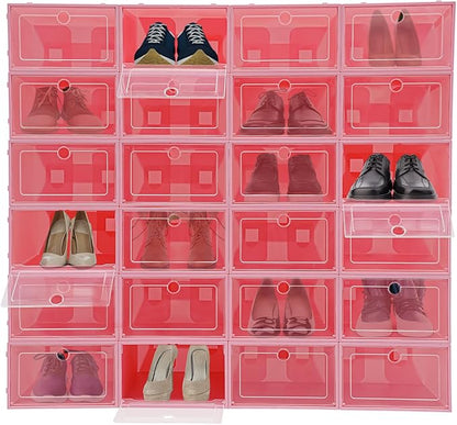 24 Pack Stackable Shoe Boxes with Clear Lids - Foldable Shoe Storage Organizer for Closet Cabinet, Color Options for Sneakers Flats Home Organization (Pink)
