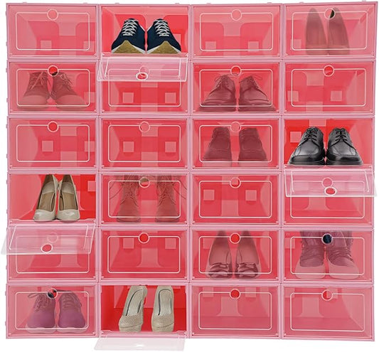 24 Pack Stackable Shoe Boxes with Clear Lids - Foldable Shoe Storage Organizer for Closet Cabinet, Color Options for Sneakers Flats Home Organization (Pink)