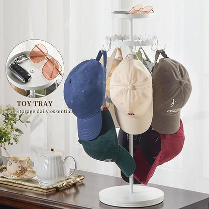 Rotating Hat Organizer for Baseball Caps, 3-Tier Merchandise Display & Tabletop Hat Organizer with Tray Holds 40+ Caps,Hat Stand for Vendor & Home Use in Bedroom, Closet, Dresser, Office