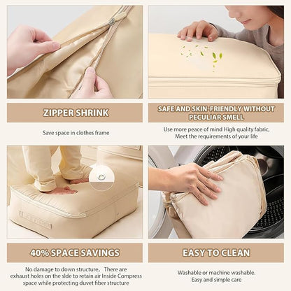 Ultra Space Saving Self Compression Organizer, Storage Tote for Space Saving,Packing Bags Clothes Storage Bags Self Compression Organizer for Comforters, Blankets, Bedding (Beige)