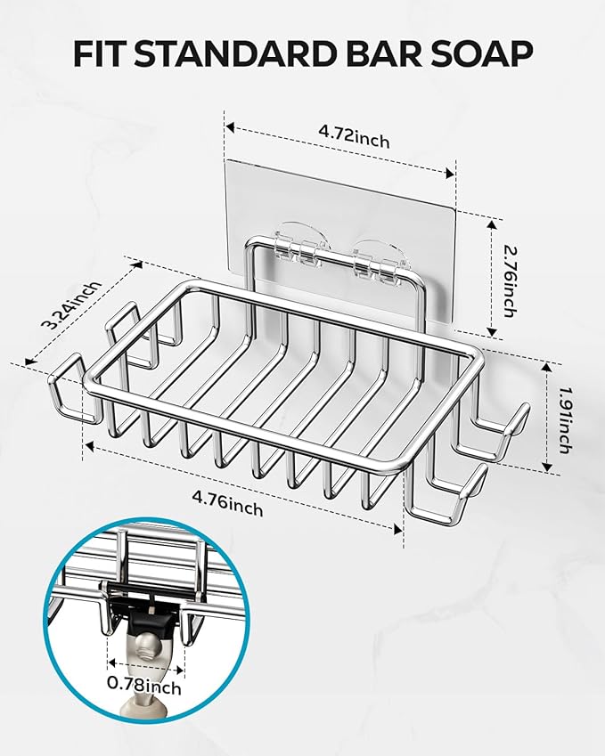 Nieifi Soap Dish,Bar Soap Holder for Shower Wall with 4 Hooks Stainless Steel Adhesive Soap Dish for Bathroom Shower Razor Holder (Silver)