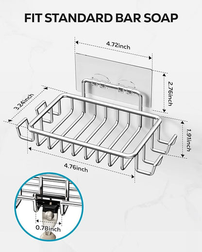 Nieifi Soap Dish,Bar Soap Holder for Shower Wall with 4 Hooks Stainless Steel Adhesive Soap Dish for Bathroom Shower Razor Holder (Silver)