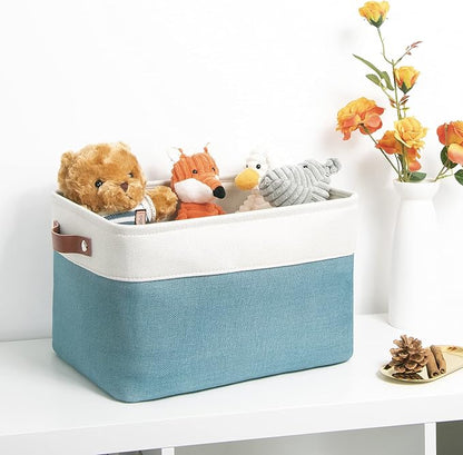 DULLEMELO Fabric Storage Basket for Shelves/Closets, Collapsible Rectangle Basket for Organizing Clothes, Toys, Towels, Books, Laundry, Nursery, Dog Toy Basket Empty (White&Teal)
