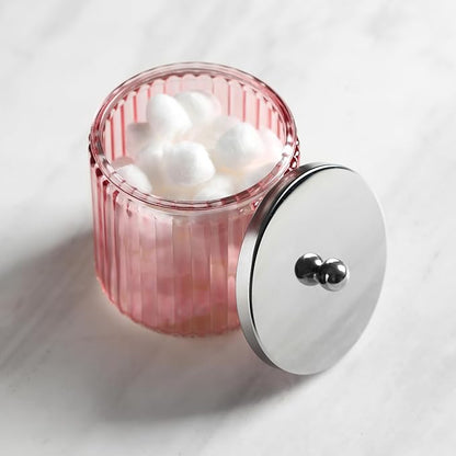 KMwares 2-Pack Pink Glass Bathroom Canister Set with Silver Metal Lids – Stylish, Airtight Storage for Cotton Balls, Swabs, Pads, and Floss Picks