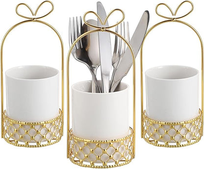 JUXYES Ceramic Silverware Holder For Tabletop, White Cutlery Holder With Golden Metal Bracket, Decorative Flatware Holder Countertop Utensil Holder Organizer for Wedding Kitchen Dining Tables