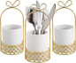 JUXYES Ceramic Silverware Holder For Tabletop, White Cutlery Holder With Golden Metal Bracket, Decorative Flatware Holder Countertop Utensil Holder Organizer for Wedding Kitchen Dining Tables