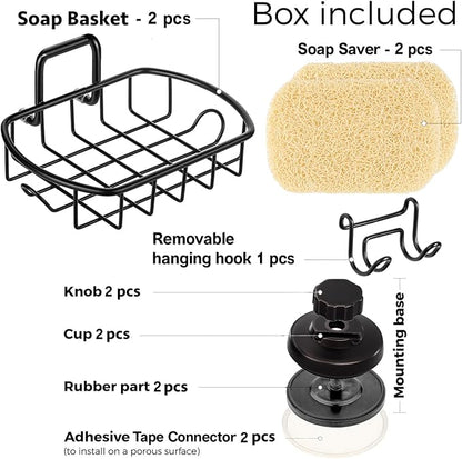 HASKO 2 Pack Suction Cup Soap Dish for Shower Wall, Rustproof Stainless Steel, Shower Soap Holder with Hooks, Includes Optional No Drill Adhesive Mount for Bathroom, 2 Soap Savers, Black
