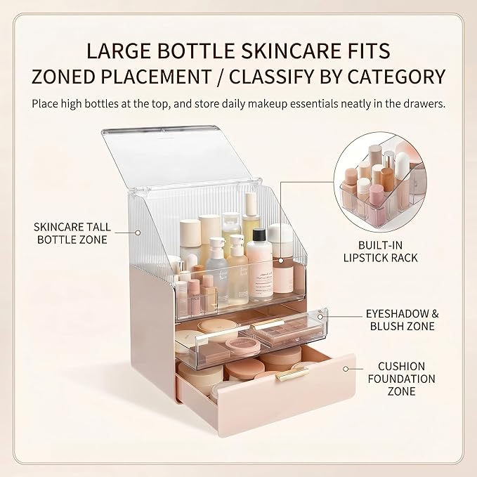 Large Cosmetic Organizer Skincare Holder Bathroom Counter Organizer Fully Transparent Storage Box Dustproof Waterproof Cosmetics Display Case with Drawers for Skincare Lipstick Brushes (Pink)