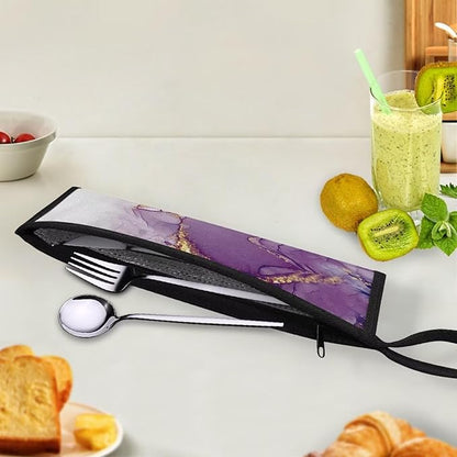 COEQINE Purple Travel Silverware Case Marble Utensil Case With Handles Portable Knife Fork Spoon Organizer Holder for Picnic Outdoor Travel Accessories Leafproof
