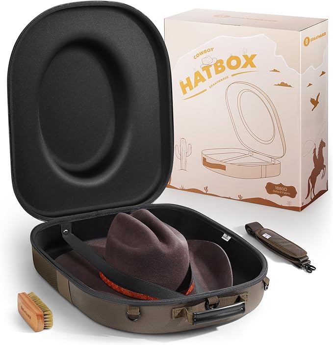 BRANTMAKER Cowboy Hat Box, Cowboy Hat Case for Travel, Crush Proof Storage for Western/Panama/Fedora, Carrier with Adjustable Shoulder Strap & Brush