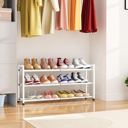 Expandable Shoe Rack for Closet Adjustable Metal Shoe Rack for Entryway 18.5"-33" Free Standing Shoe Organizer 12 Pairs with Hooks 3-Tier Small Shoe Shelf for Bedroom Garage Dorm Floor, White
