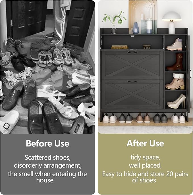 Gyfimoie Shoe Storage Cabinet with 2 Flip Drawers, Freestanding Shoe Cabinet Organizer with Storage Shelf, Shoe Rack with Adjustable Side Cabinet, Narrow Farmhouse Shoe Cabinet for Entryway (Black)