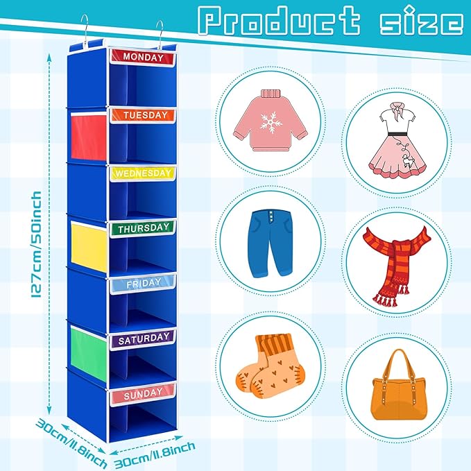 2 Pcs 7 Shelf Weekly Clothes Organizer for Kids Double Grid Hanging Closet Organizer 11. 8 x 11. 8 x 50 Inches Daily Activity Kids Clothes Storage Drawers Cube Closet Hanging Shelves