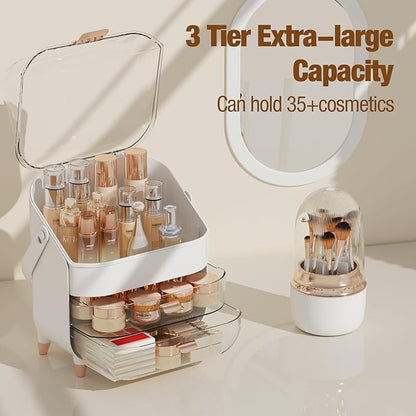 Makeup Organizer Countertop & 360° Rotating Makeup Brush Holder, Skincare Holder with Lid and Drawers, Storage Box Cosmetic Display Cases, Teen Girl Gifts, Vanity, Bathroom Counter,Rose Gold