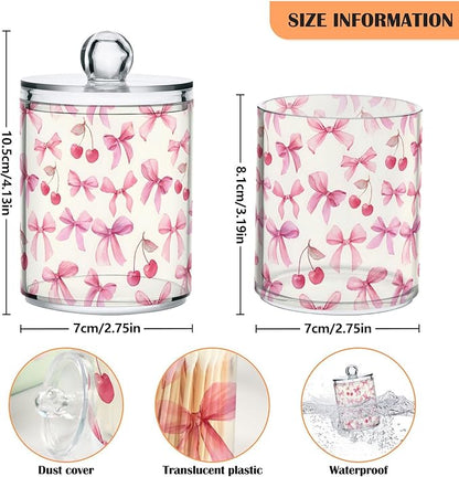 ALAZA 4pcs Watercolor Bow Cherry Qtip Holder Dispenser 14 oz Bathroom Storage Clear Apothecary Jars Containers Cotton Ball,Cotton Rounds,Floss Picks, Hair Clips, Food