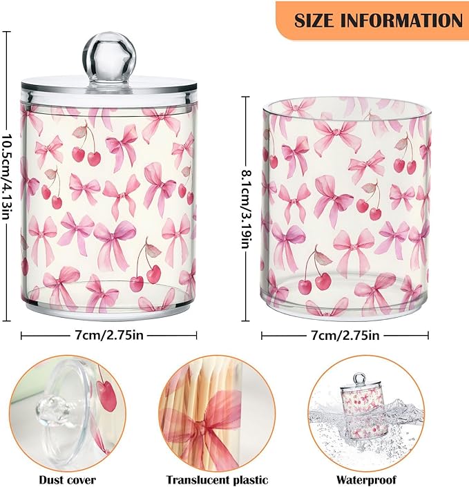 ALAZA 2pcs Watercolor Bow Cherry Qtip Holder Dispenser 14 oz Bathroom Storage Clear Apothecary Jars Containers Cotton Ball,Cotton Rounds,Floss Picks, Hair Clips, Food