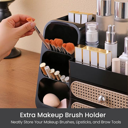 Aveniee Makeup Organizer with Drawers, Large Bathroom Countertop Organizer for Vanity, Desk Cosmetics Storage for Perfume Brushes Skincare Eyeshadow Lotions Lipstick-Black