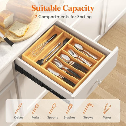 Lifewit Silverware Drawer Organizer, Utensil Tray for Kitchen, Flatware and Cutlery Holder, Storage for Spoons Forks Knives, 33 x 42cm, Natural