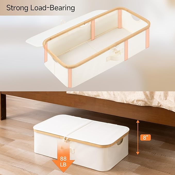 StorageWorks Underbed Storage Containers with Lids, 2-Pack 7" Low Profile Under Bed Storage Box with Bamboo Frame for Clothes, Bedding, Blankets and Shoes, 42L Sturdy Fabric Organizer, Beige