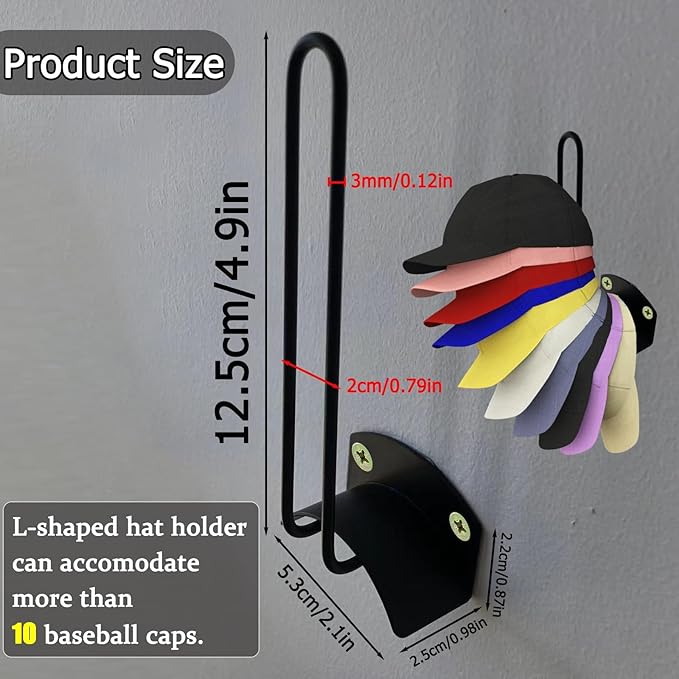 2 Pack Black Iron Hat Racks for Baseball Caps, Heavy Duty Adhesive Hat Hooks for Wall, Industrial Style Hat Organizer with Anti-Rust Coating, for Door, Closet, Garage & Man Cave