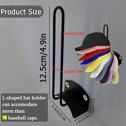 2 Pack Black Iron Hat Racks for Baseball Caps, Heavy Duty Adhesive Hat Hooks for Wall, Industrial Style Hat Organizer with Anti-Rust Coating, for Door, Closet, Garage & Man Cave