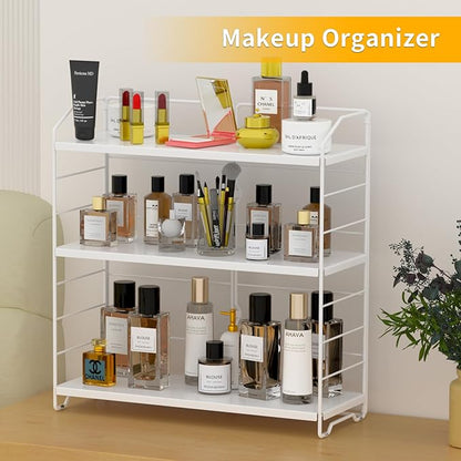 BOIVSHI Bathroom Countertop Organizer, 3-Tier Bathroom Counter Organizer, 8-Levels Height Adjustable, Bathroom Organizer for Kitchen, Livingroom, Office Storage, Metal White