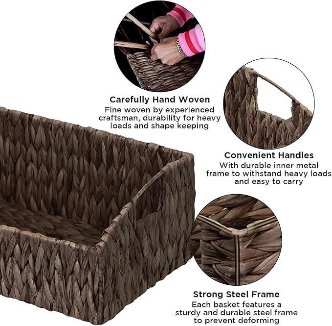 Rattan Storage Baskets, Handwoven Wicker Storage Bins with Built-in Handles, Storage Container Baskets for Shelves, Bedroom, Bathroom, Laundry Room or Kitchen(Black)
