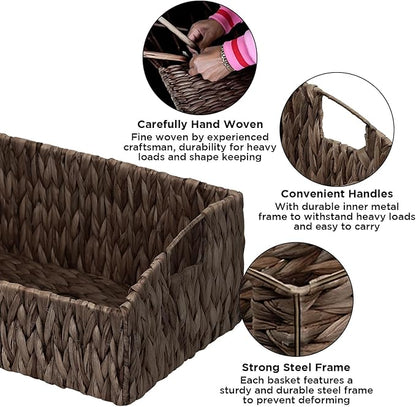 Rattan Storage Baskets, Handwoven Wicker Storage Bins with Built-in Handles, Storage Container Baskets for Shelves, Bedroom, Bathroom, Laundry Room or Kitchen(Black)