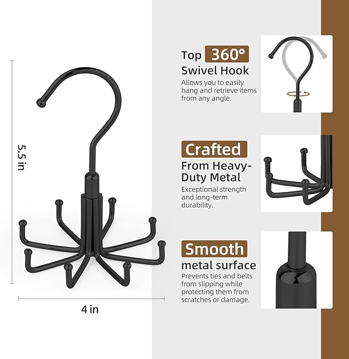 ZEDODIER Tie Hanger for Closet, Rotatable Tie Organizer for Men with 8 Hooks, Heavy Duty Space Saving Tie Rack for Ties and Belts, Black