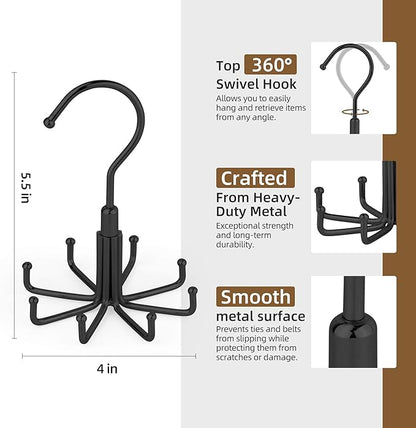 ZEDODIER Tie Hanger for Closet, Rotatable Tie Organizer for Men with 8 Hooks, Heavy Duty Space Saving Tie Rack for Ties and Belts, Black