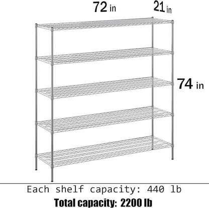 21" Deep x 72" Wide x 74" Height Wire Shelving Kit | 5-Tier | NSF Commercial Storage Rack Unit