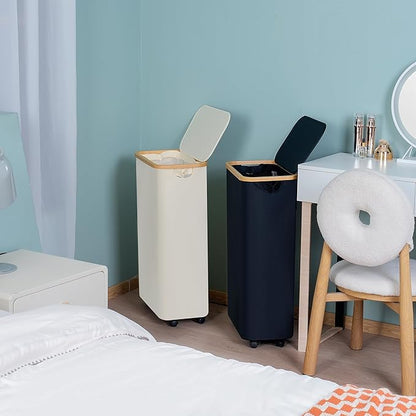 efluky Slim Laundry Hamper with Wheels, Narrow Laundry Basket with Lid and Removable Bag, Aesthetic Dirty Clothes Hamper on Wheels for Laundry Room, Bedroom, Dorm and Bathroom, 75L Beige