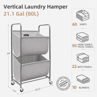 STORAGE MANIAC 80 Liters Vertical Rolling Laundry Hamper, 2 Section Laundry Sorter with Wheels and 2 Breaks, 2-tier Laundry Baskets for Small Space, Dorm, Laundry Room, Closet, Bathroom, Gray 2-tier