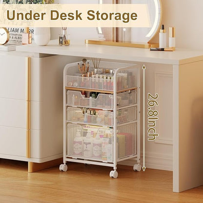 Jakyitvi Makeup Cart Organizer with 3 Drawers, Under Desk Storage Drawers,Floor Skincare & Makeup Organizer, Vanity Storage for Cosmetics, Nail Polish, Perfume, Makeup Brushes, Hair Tools, White