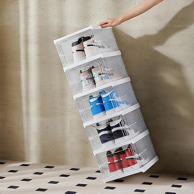 GUDEMAY Drop Front Shoe Storage Box, No Assembly Stackable Shoe Organizer Storage Bin with Door, Free Standing Shoe Shelf Cabinet with Lid, Plastic Shoe Rack for Closet Entryway