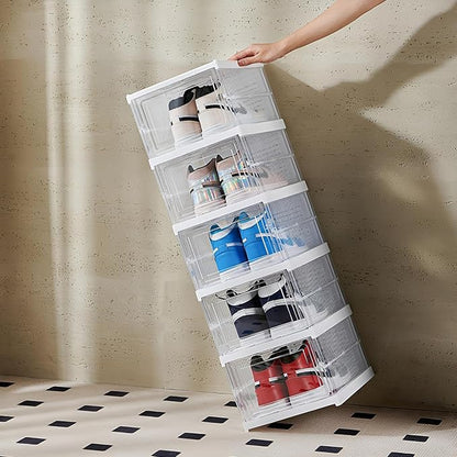 GUDEMAY Drop Front Shoe Storage Box, No Assembly Stackable Shoe Organizer Storage Bin with Door, Free Standing Shoe Shelf Cabinet with Lid, Plastic Shoe Rack for Closet Entryway