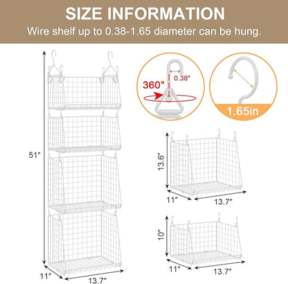 4-Tier Hanging Laundry Room Organizer: Foldable Wire Shelf Basket with 2 Large Hooks 1.65" & 360°Rotating Hooks – Space-Saving Laundry Storage Basket, for Wardrobe Closet Storage, White Patent