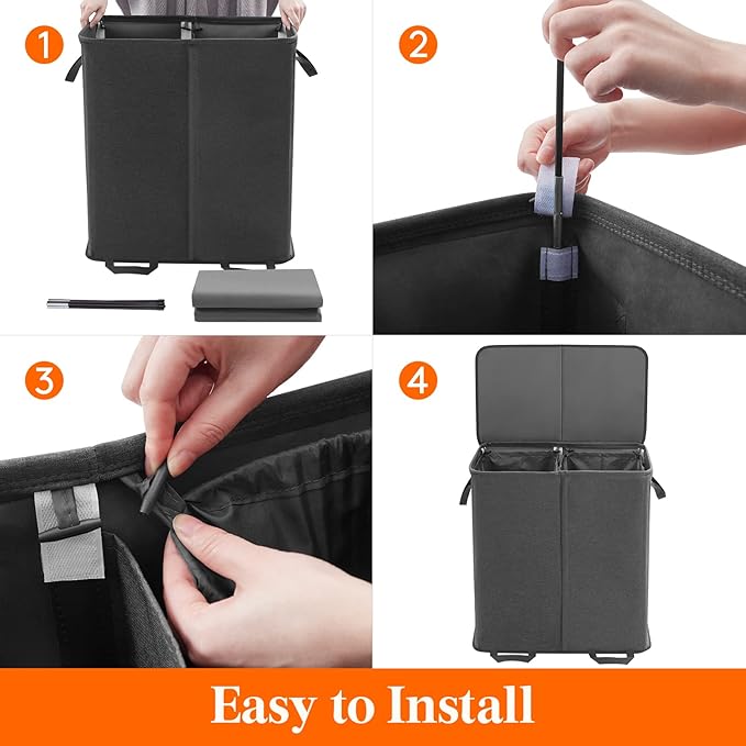 Lifewit Double Laundry Hamper with Lid and Removable Laundry Bags, Large Collapsible 2 Dividers Dirty Clothes Basket with Handles for Bedroom Laundry Room Closet Bathroom College, 136L Black