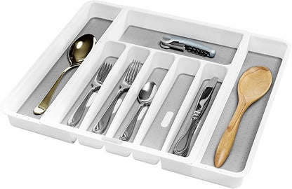 madesmart Silverware White Expandable Tray Classic Collection | 8-Compartments | Icons to Help sort Flatware, Cutlery, Utensils | Soft-Grip Lining | BPA-Free
