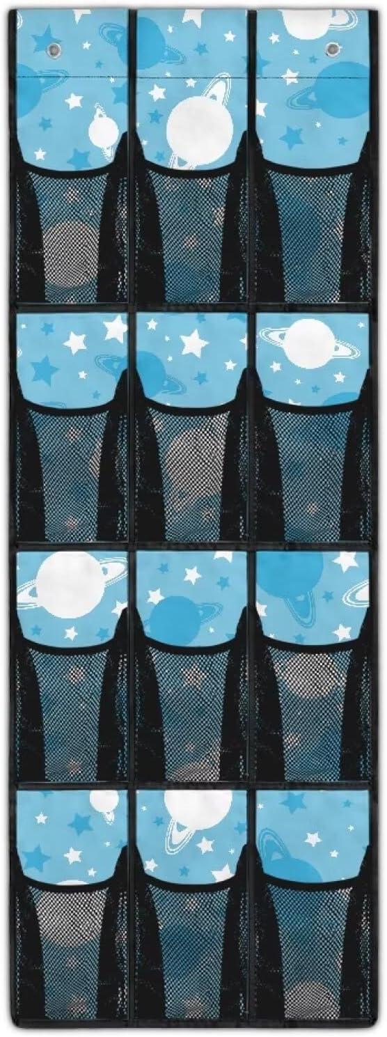 12-Pocket Storage Hanging Bag for Doors, Oxford Material, Waterproof Scratch-Proof and Designed for Organizing Household Items, Blue White Planets