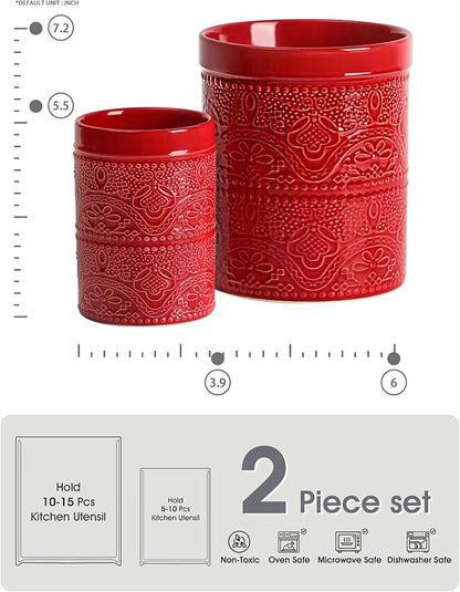 FUN ELEMENTS Kitchen Utensil Holder, 7.2+5.5" Super Large Utensil Crock Heavy and Stable Lace Emboss Ceramic Utensil Holder for Kitchen Counter (2Pcs Christmas Red)