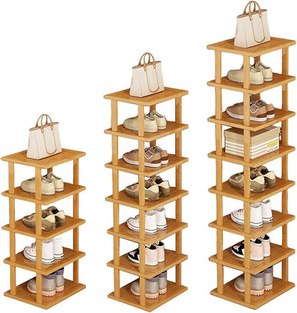 Vertical Shoe Rack - Wooden Space Saving Corner Shoe Shelf, 8 Tiers, No-Tool Need for Entryway, Closet