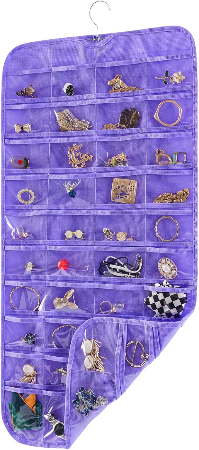 Bloss Hanging Jewelry Organizer, 80 Pockets Dual Sides Wall Jewelry Organizer Storage Dorm Room Essentials for Girls Necklace Organize And Earring Holder Hang on Closet/Door (Purple)