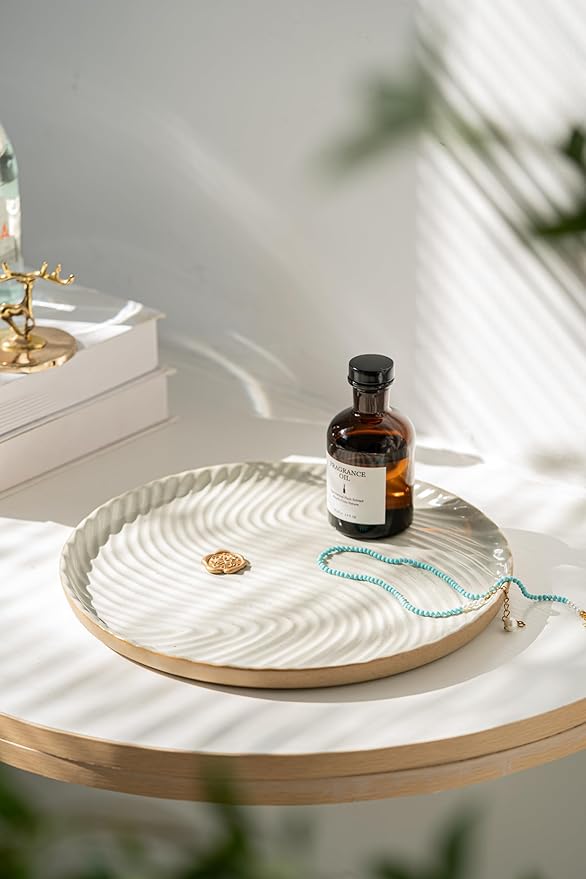 Vanity Tray with Brown Trim - Candle & Perfume Holder Organizer - Round White 11"11" - Home Decor for Dresser, Table, Bathroom Countertop