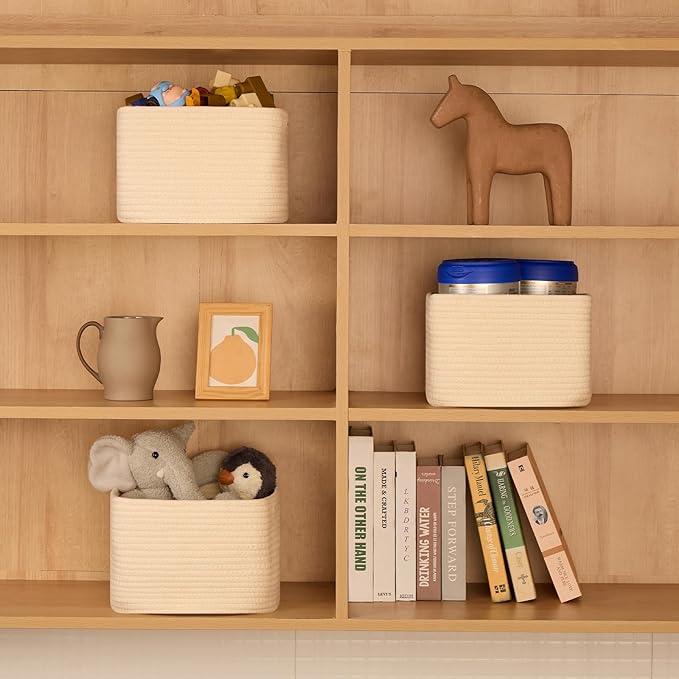 MiniArk Small Organizing Baskets for Cubes Shelf, 9.7x9.7x7.1 Inch Rope Woven Storage Bins for Nursery Shelves Storage, Cute Toy Basket, Square 3 Packs Beige
